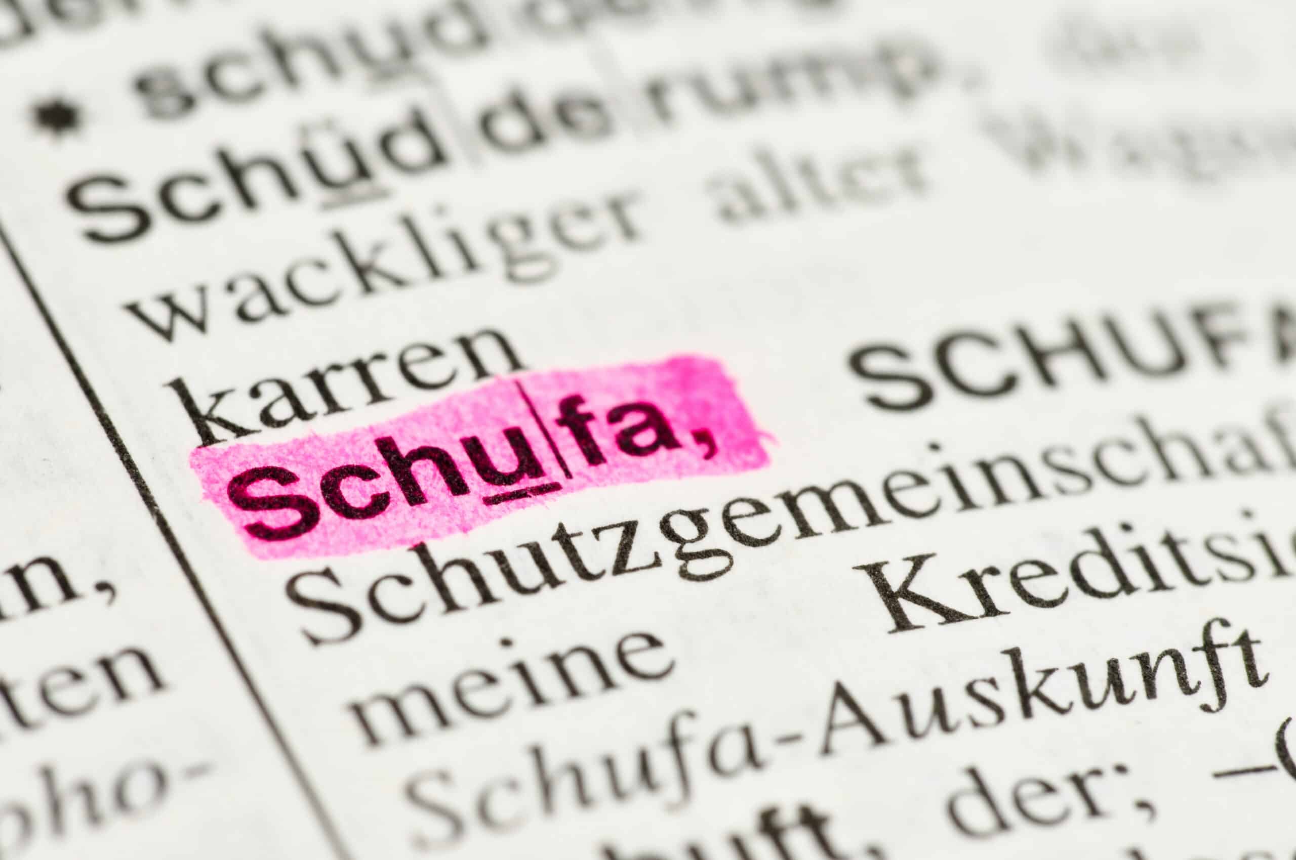 SCHUFA: Wörterbucheintrag zur Schutzgemeinschaft Wörterbucheintrag Schufa pink markiert, daneben der Begriff Schutzgemeinschaft und Schufa-Auskunft