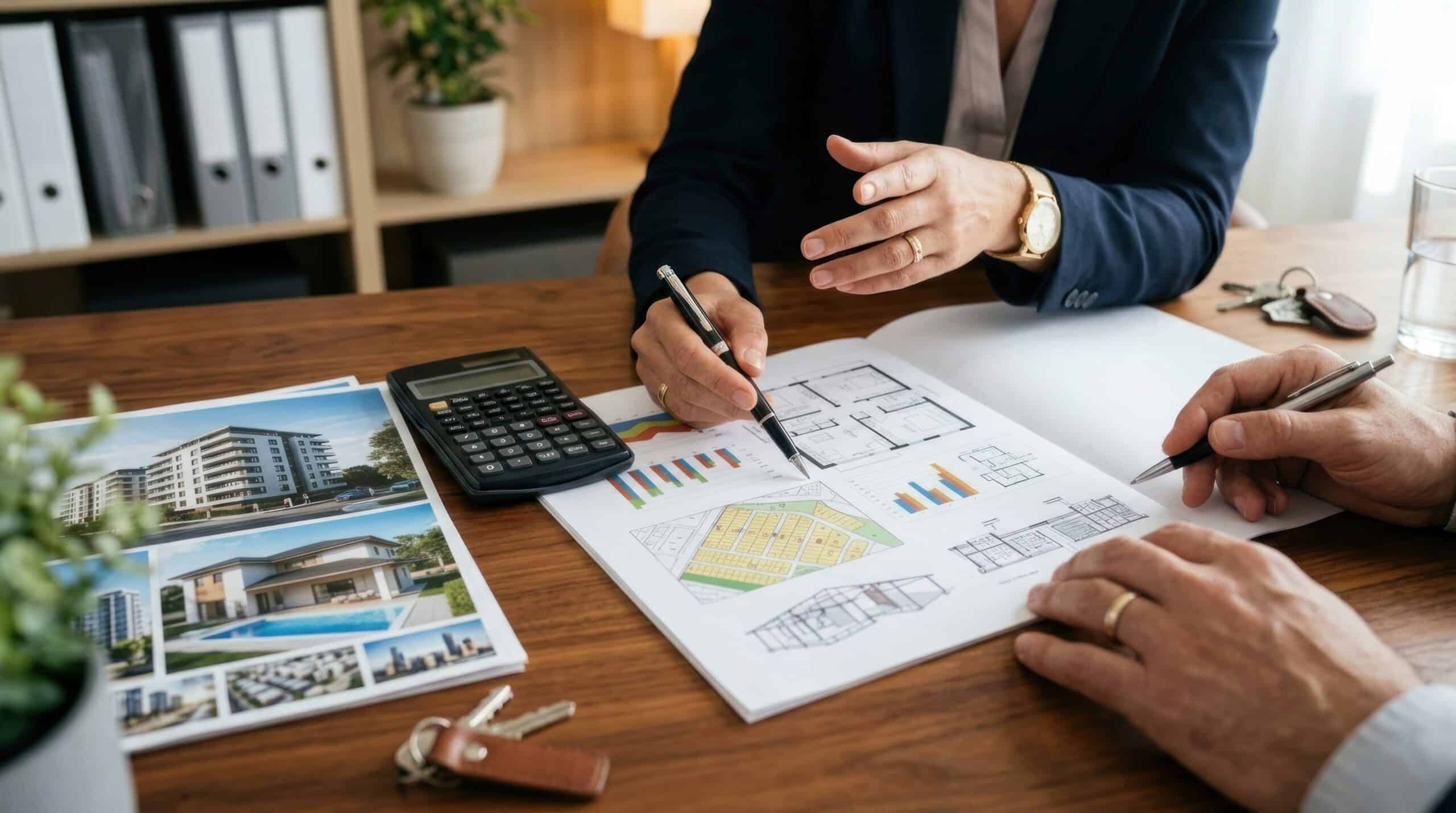 Forward-Darlehen: Beratung mit Bauplänen und Zahlen: Beratung mit Bauplänen und Zahlen Beratungsgespräch zum Forward-Darlehen mit Bauplänen, Immobilienfotos, Taschenrechner und Diagrammen