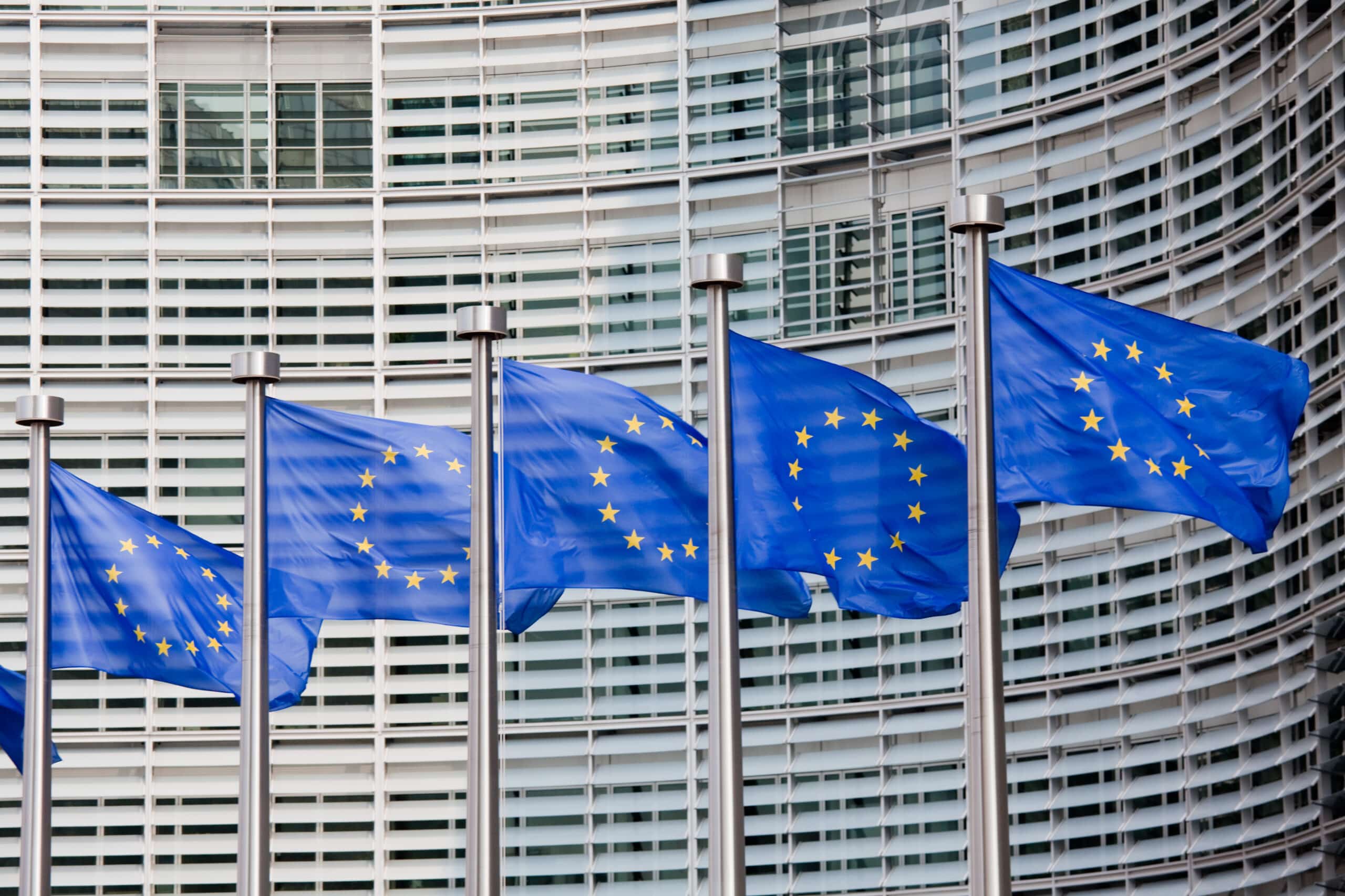 EU-Flaggen: Geldpolitik im Euroraum Reihe wehender EU-Flaggen vor einem modernen Gebäude als Symbol für die Geldpolitik im Euroraum